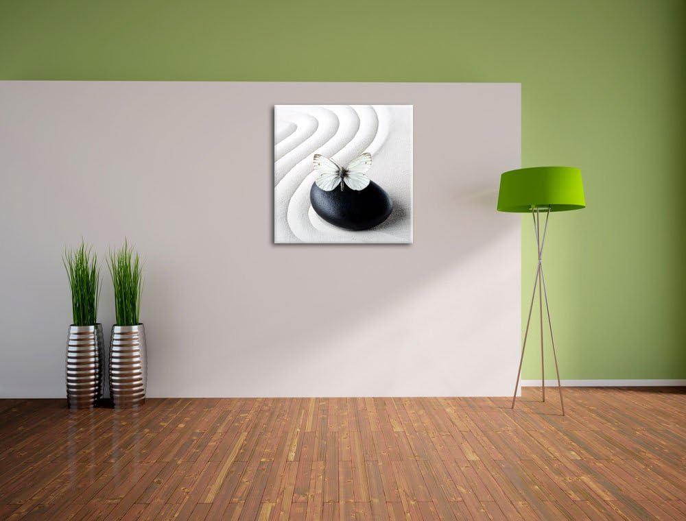 Pixxprint Schmetterling auf Zen Stein im Sand, Format: 70x70 auf Leinwand, 70x70