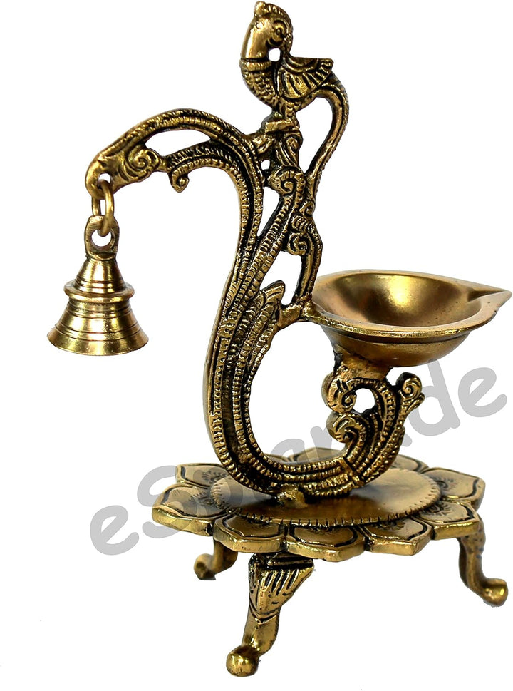 eSplanade Lotos runde Messingdiya-Öllampe für Haus und Büro Peacock Diya mit Bell Golden Peacock Diy