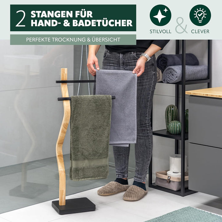 eluno Stand-Handtuchhalter freistehend, 2 Stangen für Handtücher, moderner Handtuchständer aus FSC-z