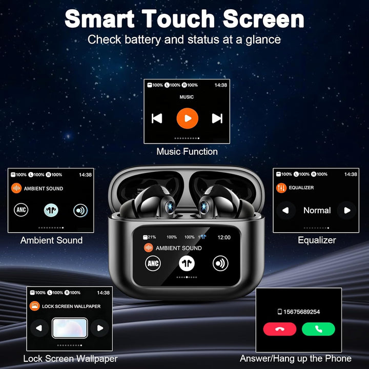 Bluetooth Kopfhörer, Touchscreen Bluetooth 5.4 Kopfhörer Kabellos mit ANC+ENC Noise Cancelling Mic,