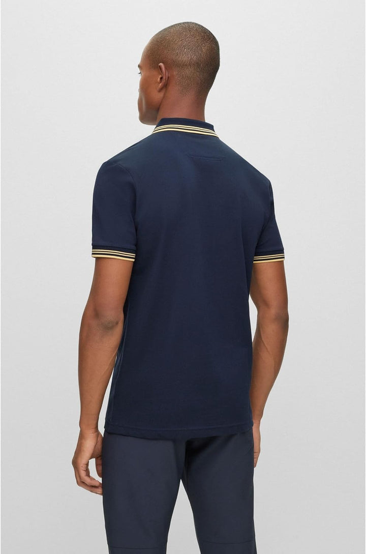 BOSS Herren Paul Curved Slim-Fit Poloshirt aus Stretch-Baumwolle mit geschwungenem Logo Dunkelblau M