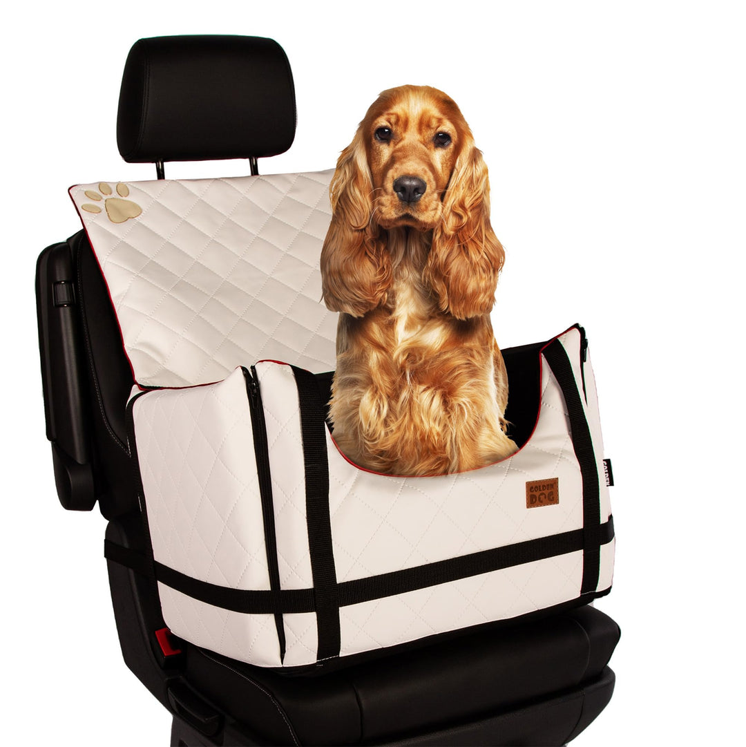 Golden Dog - Transportbox Hund mit Sicherheitsgurt L-65x53x27 cm - Leder Imitation Autositz Hund, Wa
