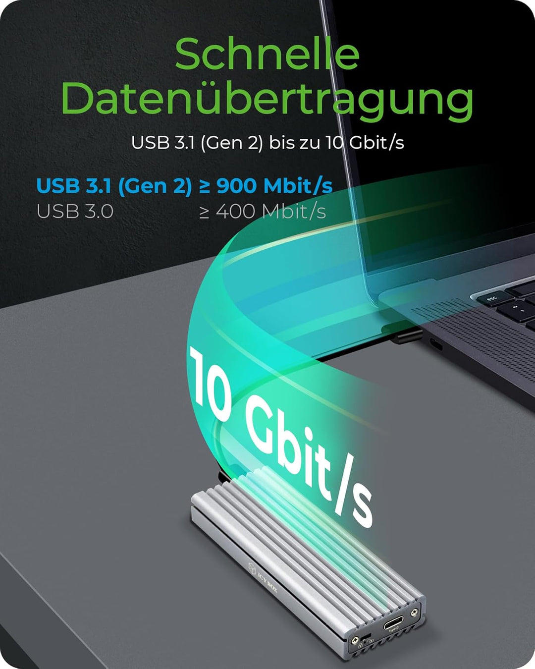ICY BOX SSD M.2 NVMe Gehäuse, USB 3.1 (Gen2, 10 Gbit/s), Kühlsystem, USB-C, USB-A, PCIe M-Key, Alumi