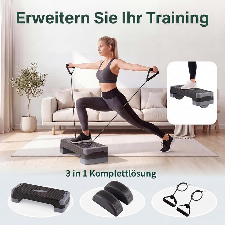 GYMAX Steppbrett, 4 Stufen Höhenverstellbar 10/14/15/19,5 cm | 3-in-1 Aerobic Stepbrett mit Balance