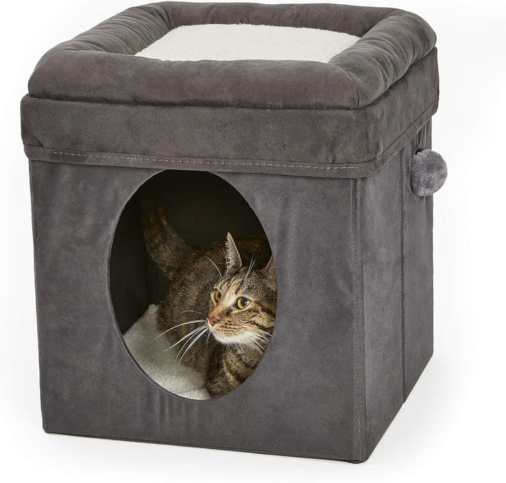 Katzenhöhle, 39,4 x 39,4 x 42 cm, faltbares Katzenversteck mit Spielzeug, gepolstertem Bett oben, gr