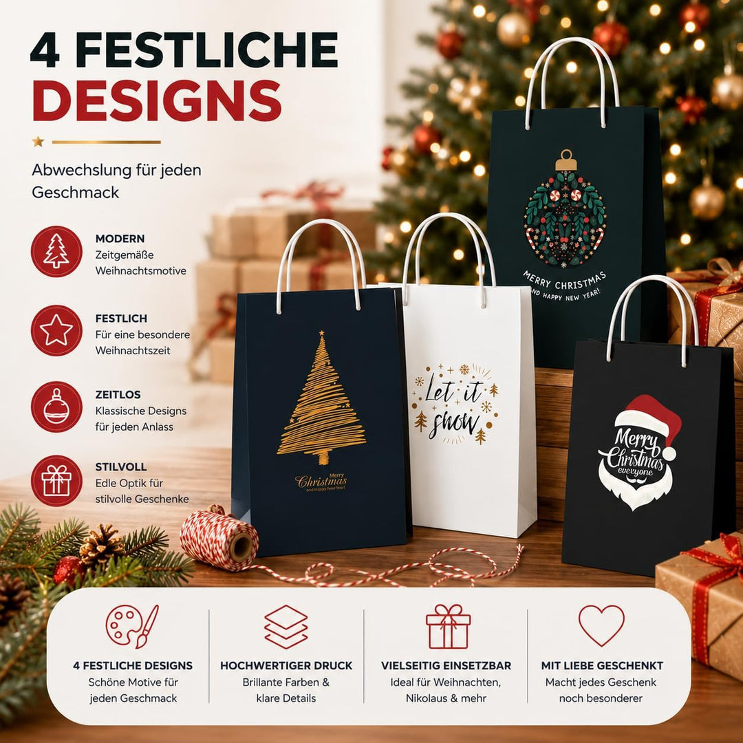12 XXL Geschenktaschen Geschenktüten für Weihnachten: Grosse Weihnachtstüten ideal für Präsente &amp; Ge