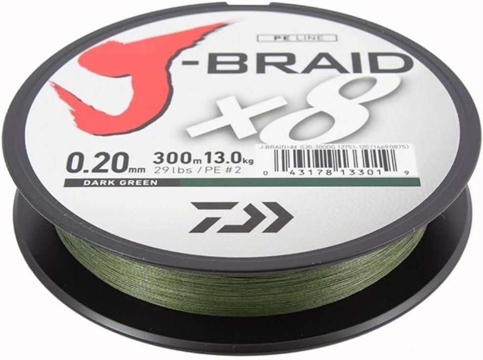 Daiwa 2 STK J-Braid 8 Braid 0.13mm, 8,0kg/18lbs, 300m dunkelgrün (Doppelpack)