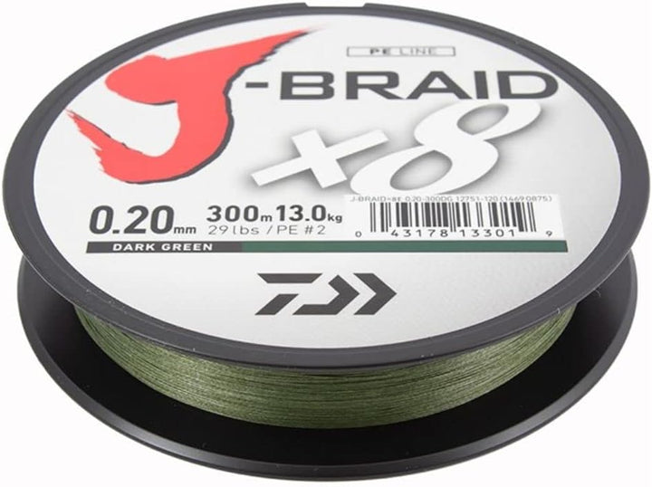Daiwa 2 STK J-Braid 8 Braid 0.13mm, 8,0kg/18lbs, 300m dunkelgrün (Doppelpack)