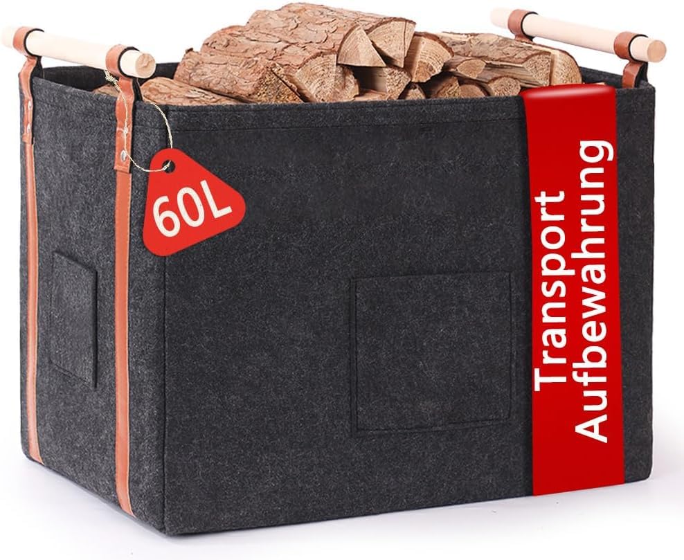 Pynhoklm® Kaminholzkorb 60L Holzkorb für Kaminholz 4mm dicker Filzkorb Brennholzkorb Kaminkorb mit H