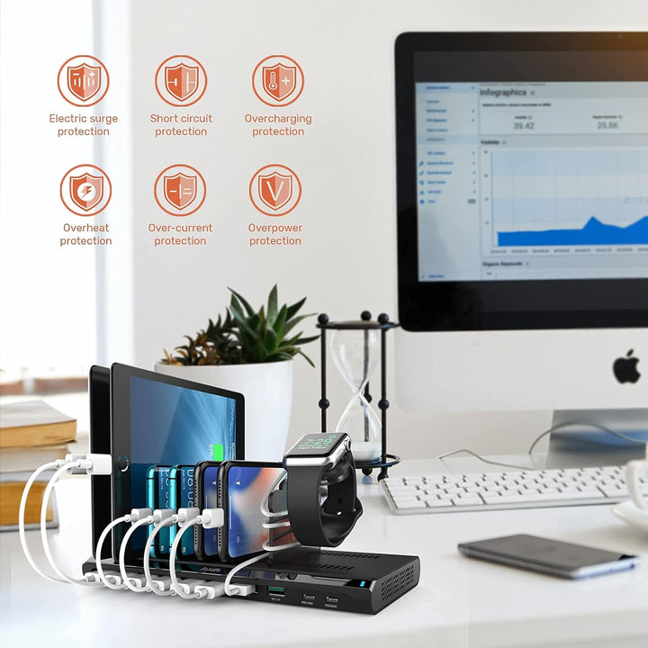 Alxum 120W 10 Port USB C Ladestation für Multi-Geräte, USB Multi Mobile Ladestation Schnellladestati