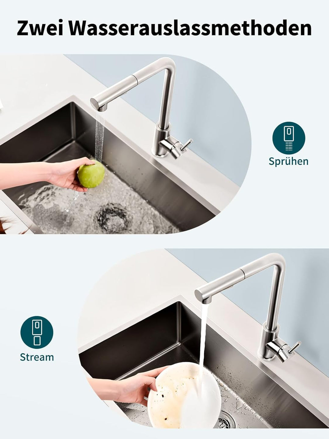 Hiqufet Wasserhahn Küche, Ausziehbare Küchenarmatur mit Sprühbrause aus Edelstahl und 2 Sprühfunktio