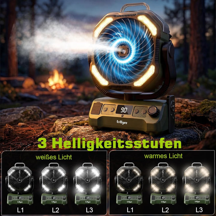 20000mAh Camping Ventilator Akku mit Licht, 0-100 Stufen Regelbar Outdoor Ventilator mit Sprühfunkti