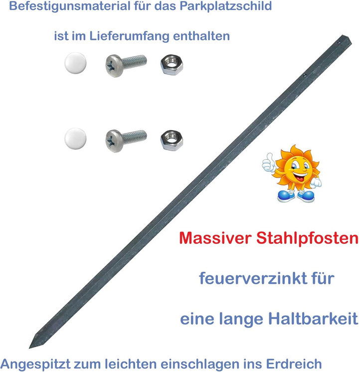 Kleberio® Parkplatz Schild 52 x 11 cm - Wunschtext (Farbe: schwarz) - mit Einschlagpfosten 0,75 Mete