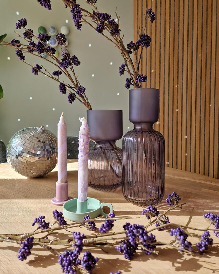Deko Blumenvase Glas violett 26 cm bauchig mit Rillen schmalem Hals Thetidio
