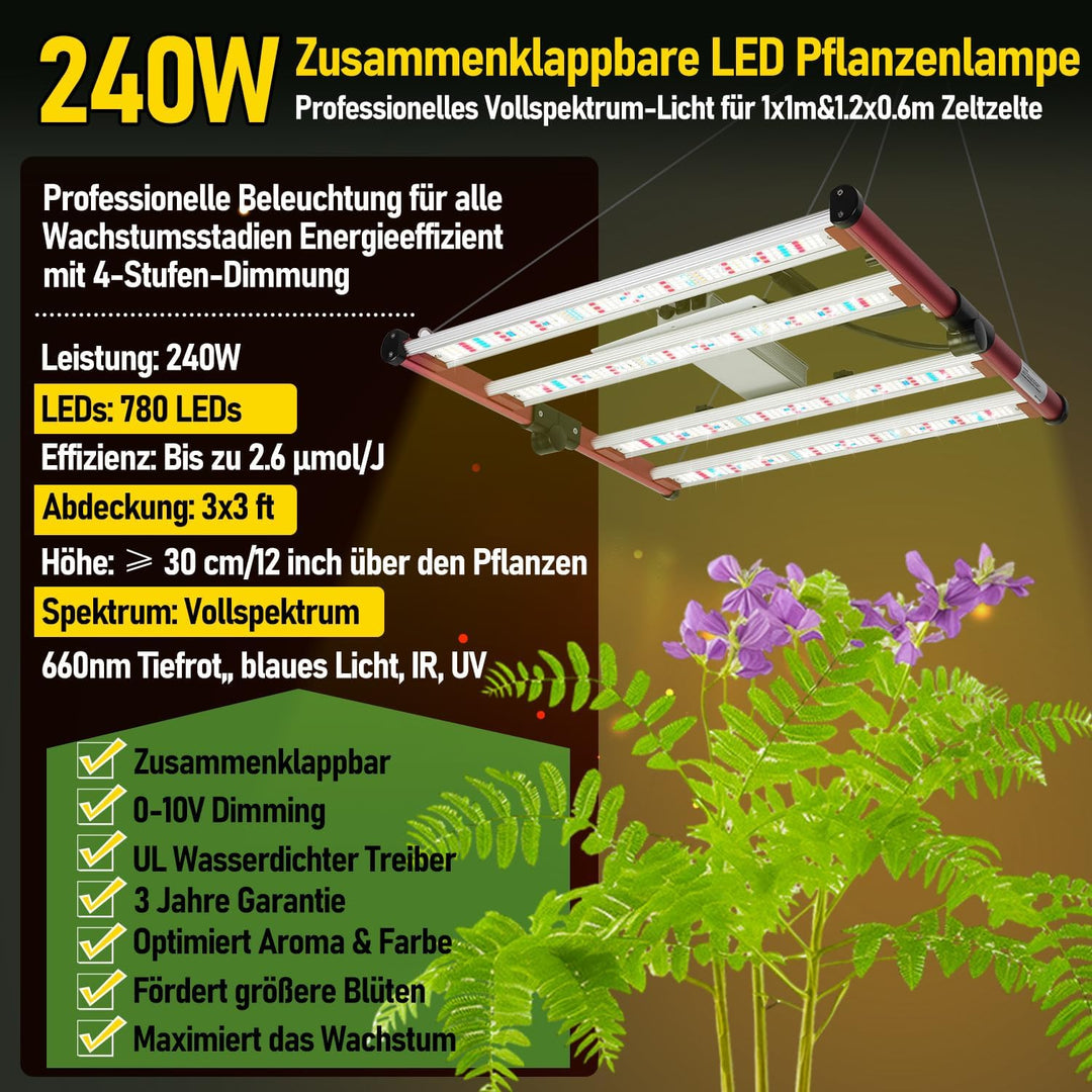 Growzelt Komplettset 120x60x180cm, 240W Faltbar LED Grow Lampe, Belüftungssystem mit Aktivkohlefilte