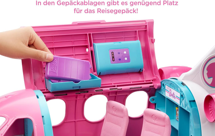 Barbie Flugzeug Dream Plane (ohne Barbie Puppe), mit beweglichen Räder und 15x Barbie Zubehör, in ro