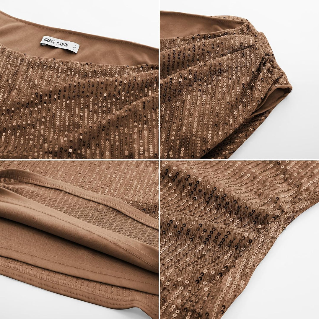 GRACE KARIN Damen Pailletten Oberteil Glitzer Party Tops Festliches Outfit, M Braun