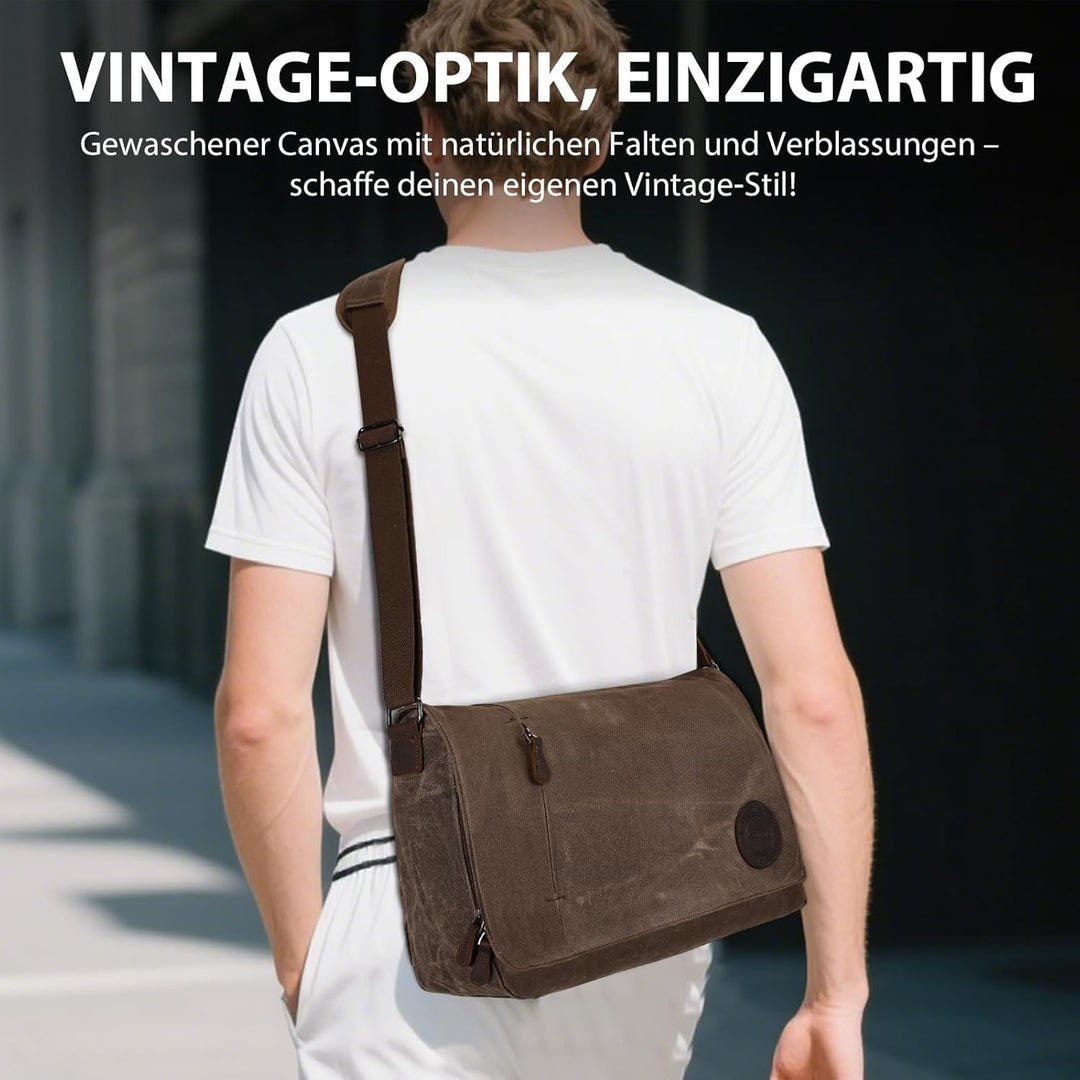 Leathario Umhängetasche Herren 13 Zoll, Messenger Bag aus Echtleder und Geöltem Segeltuch, Arbeitsta