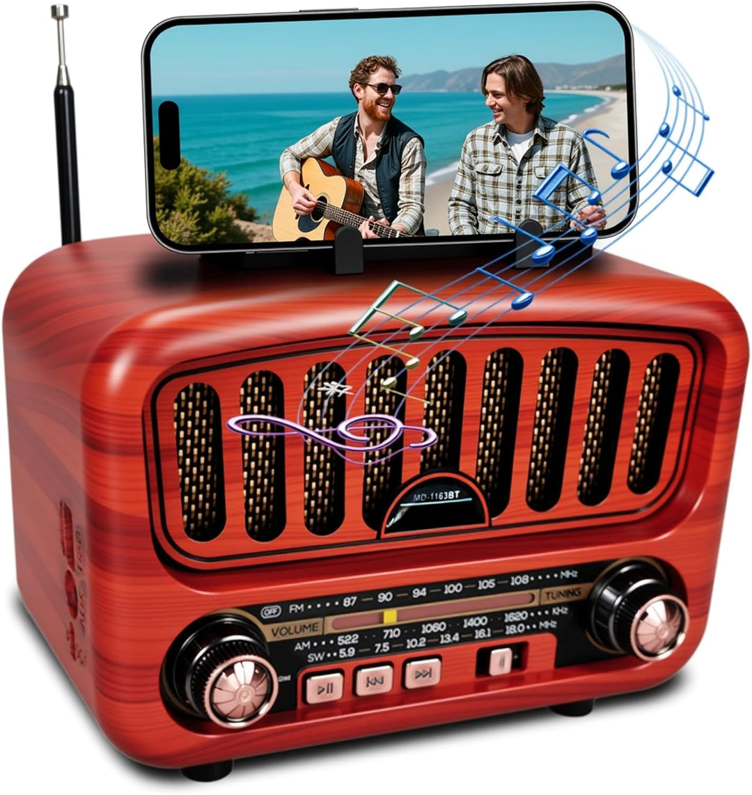 Retro Radio mit Bluetooth, AM/FM/SW Tragbares Radio Klein 5W grosser Lautsprecher und Bluetooth 5.0,
