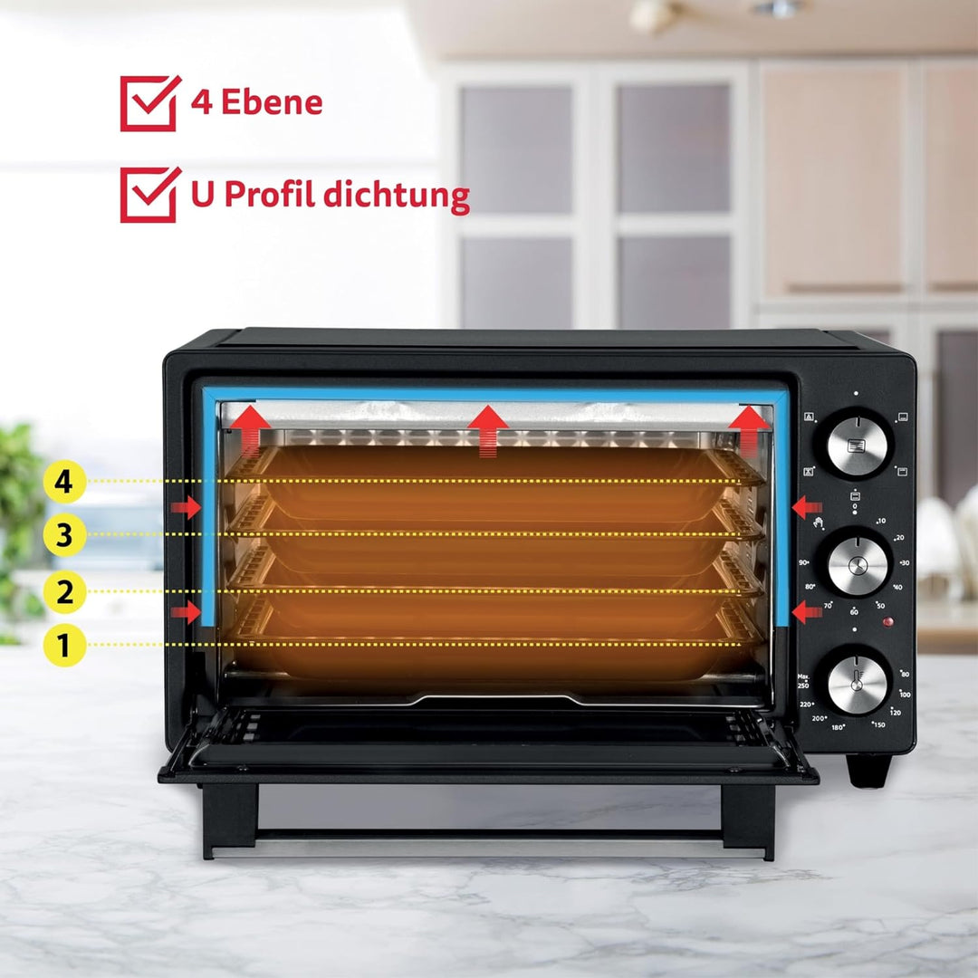 ICQN Minibackofen 20L, Pizza-Backofen, Ober-/Unterhitze mit Umluft-Funktion, 5 Grill-Funktion, 90 Mi