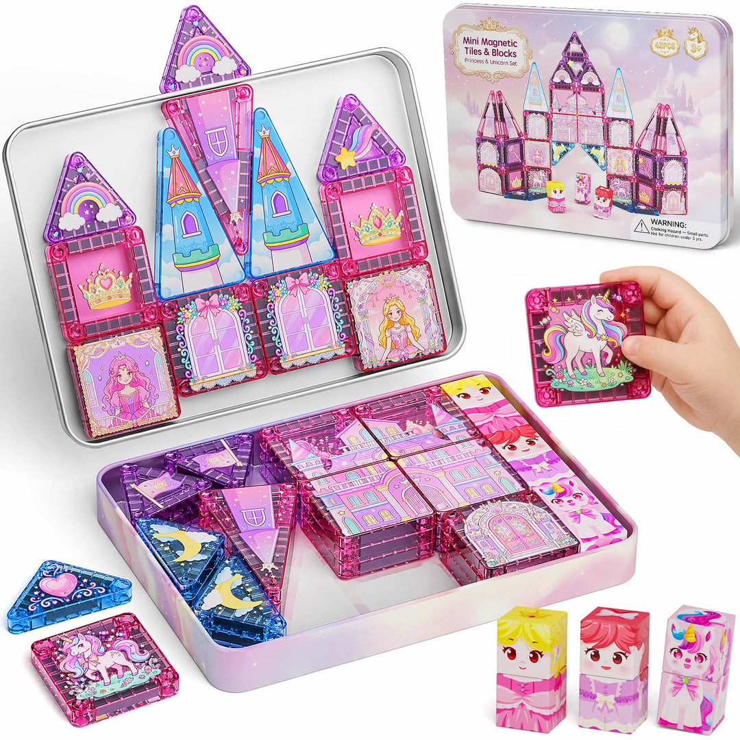 Magnetische Bausteine Reisespielzeug für Mädchen: 42pcs Prinzessin &amp; Einhorn Tiles in Tragbarer Meta