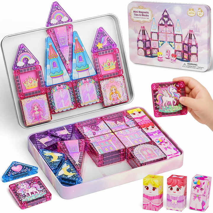 Magnetische Bausteine Reisespielzeug für Mädchen: 42pcs Prinzessin &amp; Einhorn Tiles in Tragbarer Meta