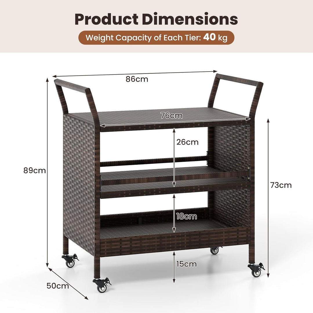 GIANTEX Servierwagen Outdoor Rattan, Küchenwagen auf Rädern, Grillwagen Grilltisch 3 Ebenen mit Seit