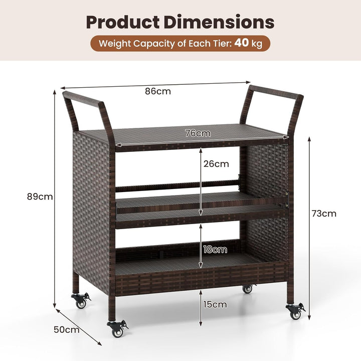 GIANTEX Servierwagen Outdoor Rattan, Küchenwagen auf Rädern, Grillwagen Grilltisch 3 Ebenen mit Seit