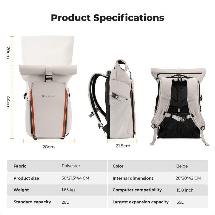 K&amp;F CONCEPT Kamerarucksack mit Rolltop-Erweiterung | grosser Fotorucksack mit vollständiger Rückseit