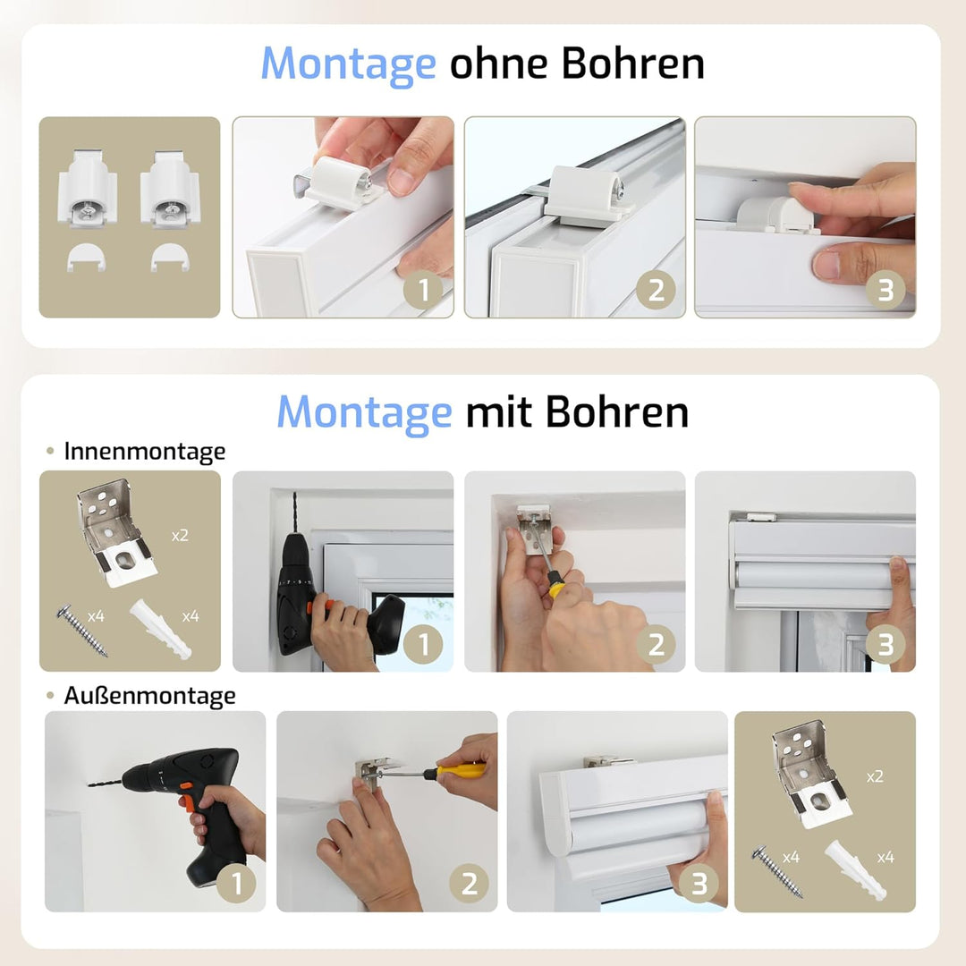 Grandekor Elektrische Rollos Innen, Verdunklungsrollo ohne Bohren mit Fernbedienung & Leiser Motor W