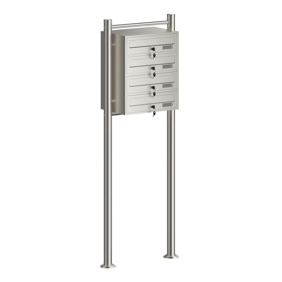 Wiltec 4er Briefkastenanlage Edelstahl 556 x 270 x 1500 mm, Standbriefkasten mit 4 Fächern, Schlüsse