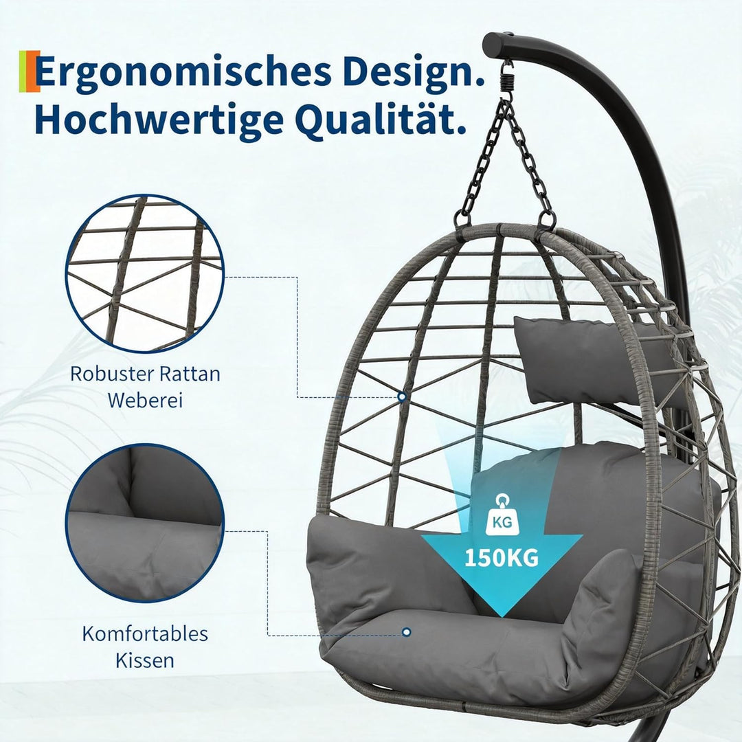 Hängesessel mit Gestell Outdoor bis 150 kg belastbar, Rattan Hängesessel mit Metallgestell, ideal al