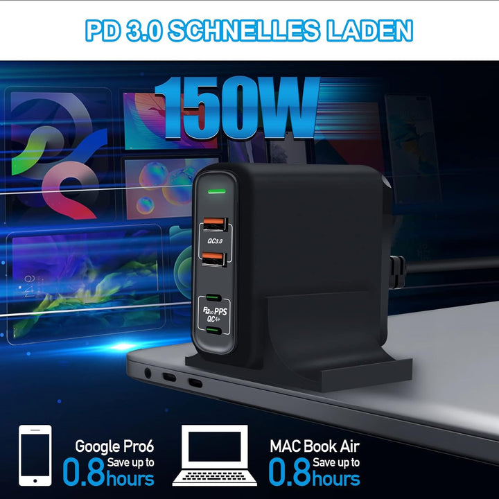 USB C Ladegerät,Cshare 150W 4-Port USB C Netzteil 100W PD 3.0 PPS QC 3.0 Schnellladegerät Kompatibel