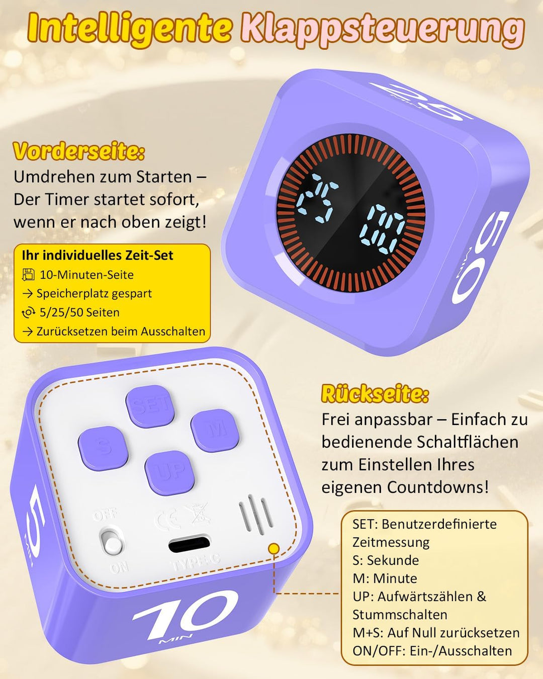 Pomodoro Timer Cube, Visueller Würfel-Timer für Kinder, Digitale LED Drehbarer Timer mit 5/10/25/50