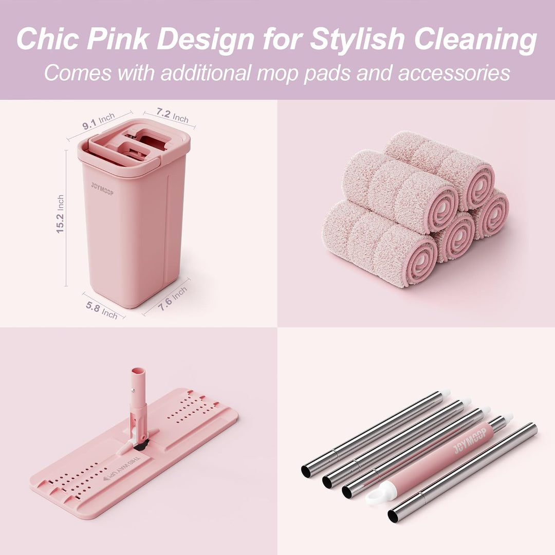 JOYMOOP Pink Mop und Eimer mit Wringer Set für zu Hause, mit 5 wiederverwendbaren Mikrofaser-Mopp-Pa