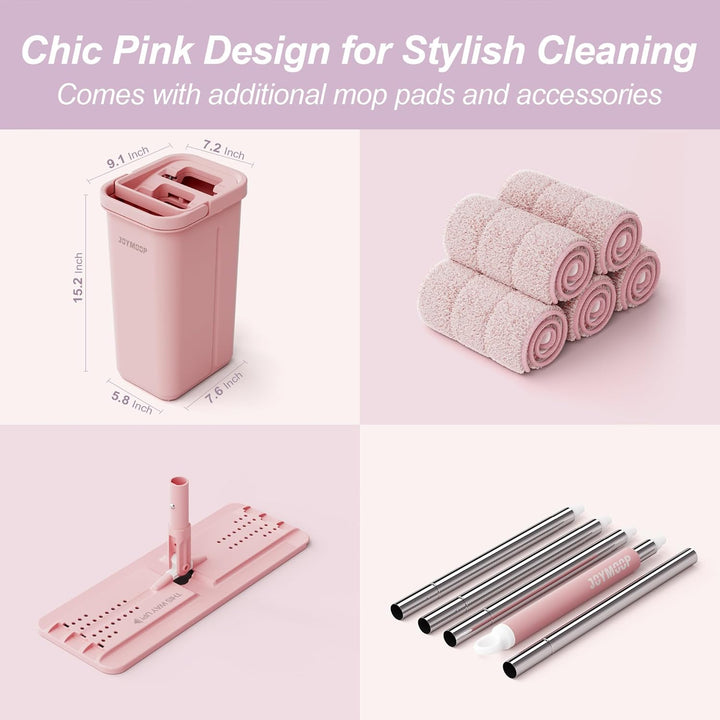 JOYMOOP Pink Mop und Eimer mit Wringer Set für zu Hause, mit 5 wiederverwendbaren Mikrofaser-Mopp-Pa