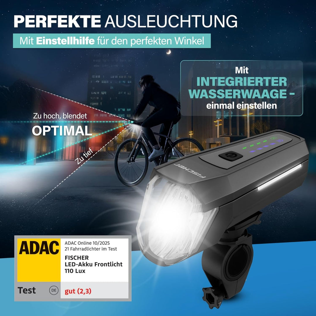 FISCHER Fahrrad LED-Frontlicht 110 Lux, mit Sensormodus, Leuchtweiteneinstellung, bis zu 20 Stunden