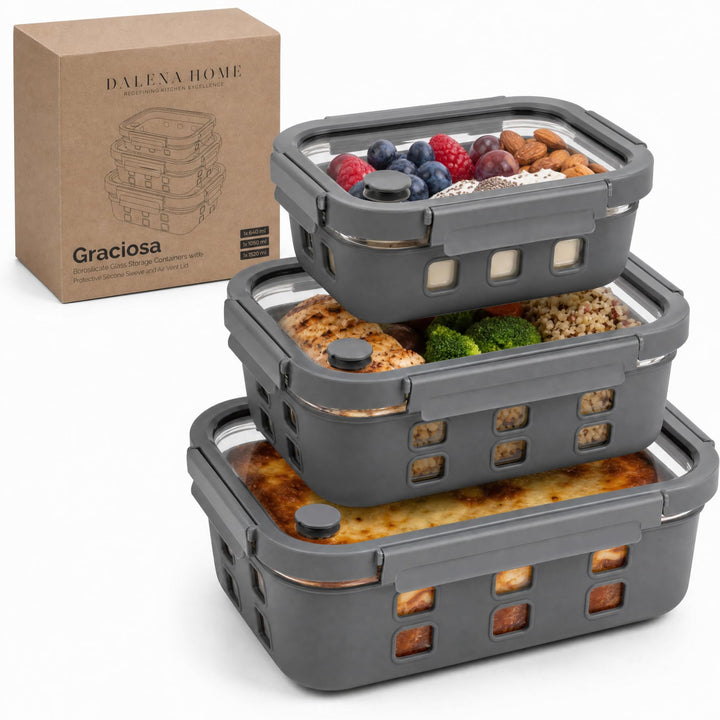 Meal Prep Boxen Set 1x640ml, 1x 1020ml, 1x1520ml – Borosilikatglas, auslaufsicher, stapelbar, mikrow