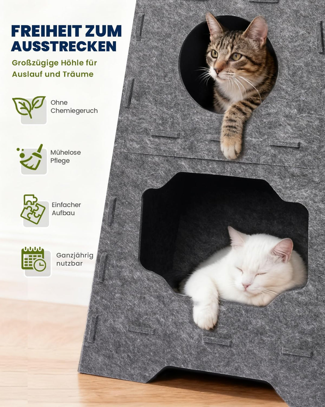Pawtasy Katzenhöhle Filz Katzenhaus aus Filz für grosse Katzen, Katzen Höhle 3-Ebenen, Trapezform St