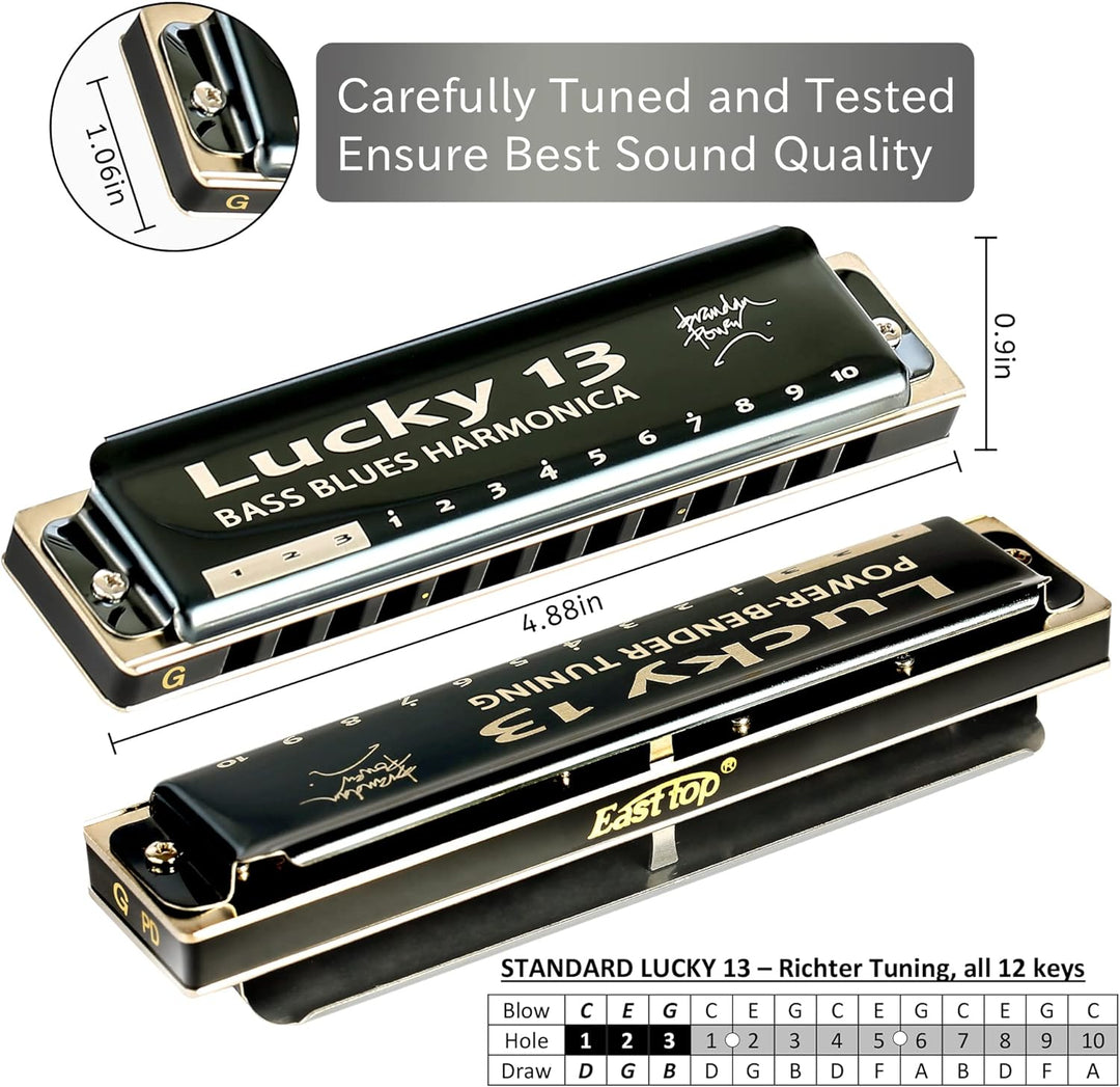 East top Lucky 13 Bass Plus Blues Harmonica 13 Holes Diatonic Harp Mouth Organ Professional Richter