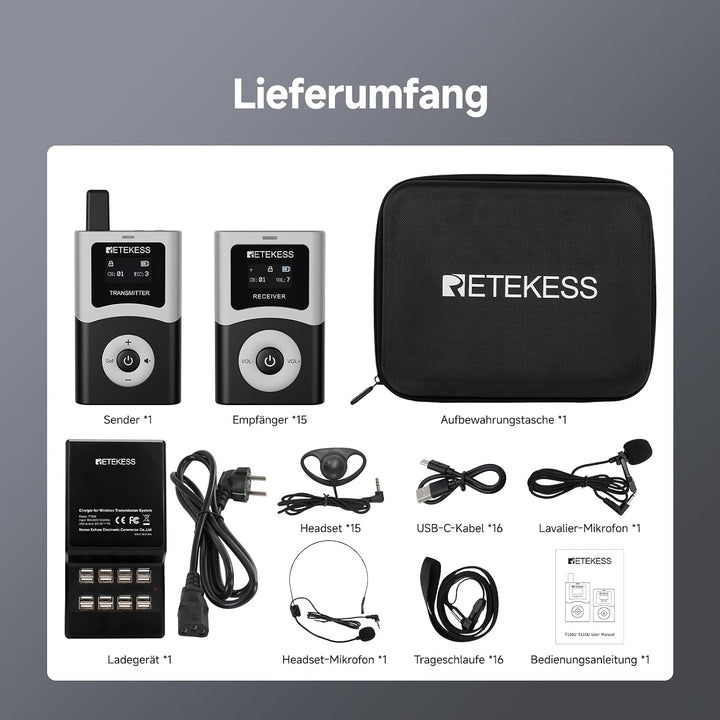 Retekess T130U Audio Tour Guide System Set, Reiseleitersystem(1-15) | 200 m, 40 Stunden, 16 USB Lade