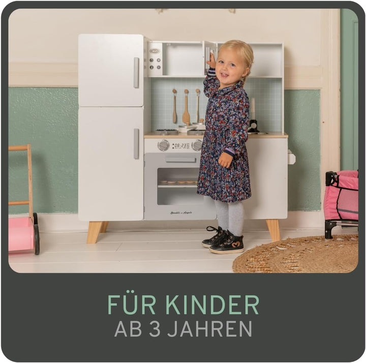 Bandits & Angels Holz-Kinderküche XL Modern Weiss/Grau ab 3 Jahren – Thekenhöhe 52 cm – Inkl. 5 Zube