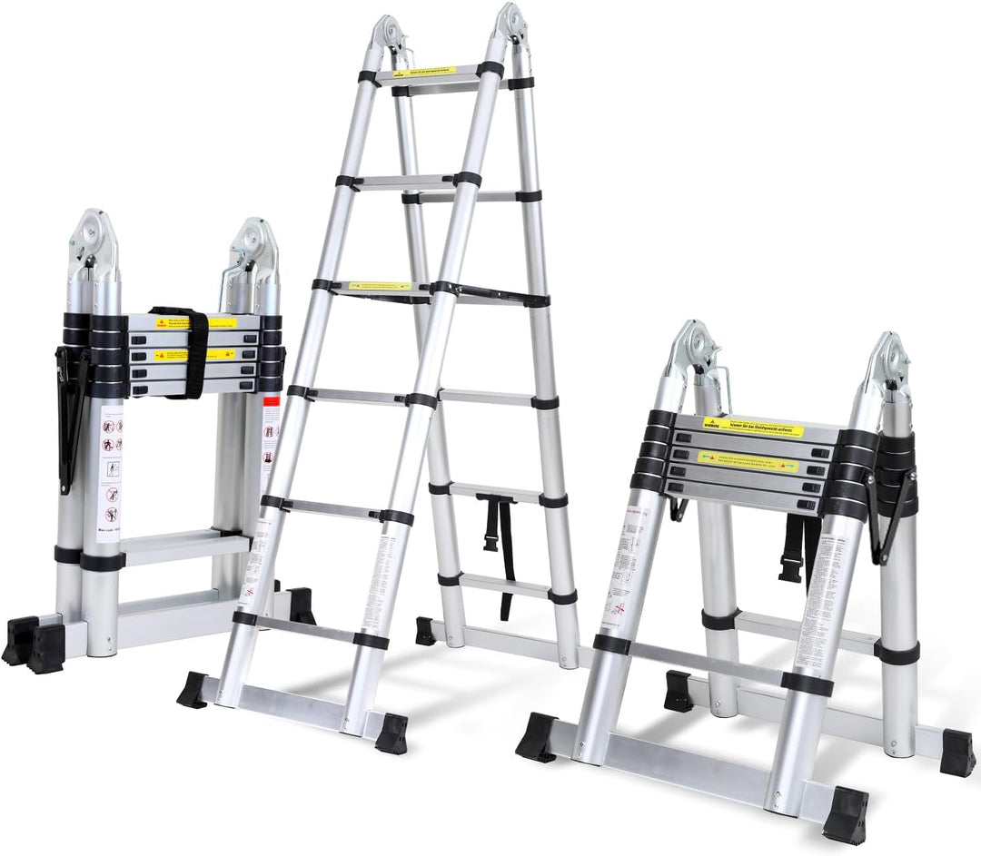 Fiqops 3,8M (1.9+1.9) Teleskopleiter Klappleiter Alu Multifunktionsleiter, Mehrzweckleiter Tragbar A