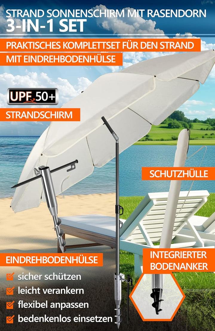 4smile Sonnenschirm Strand Ø 180 cm mit Eindrehbodenhülse, Beige | Strandschirm windfest stabil mit