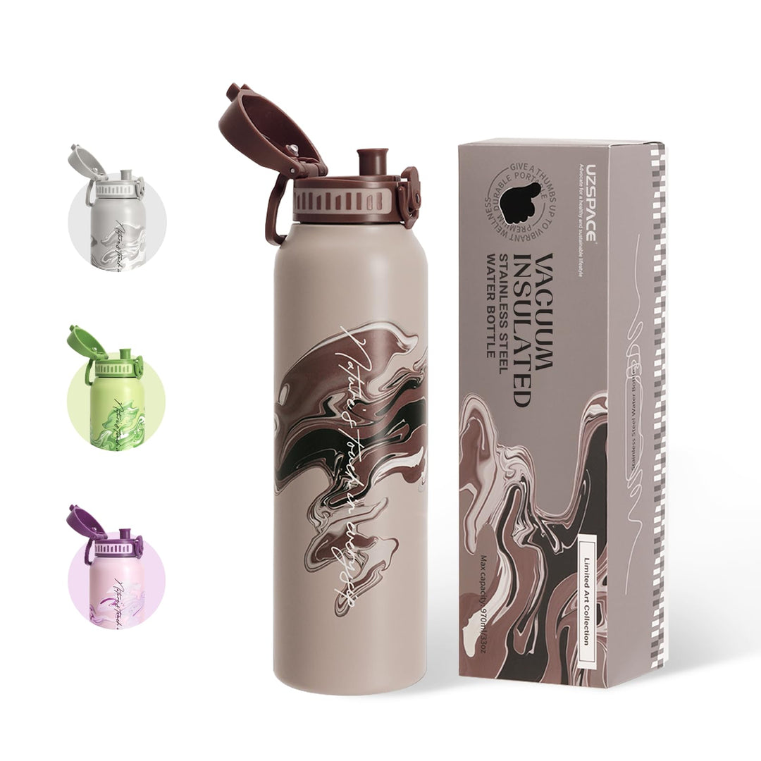 UZSPACE Edelstahl Trinkflasche 1l (970ml), Isolierte Thermosflasche mit 1-Klick-Öffnung, 100% Auslau
