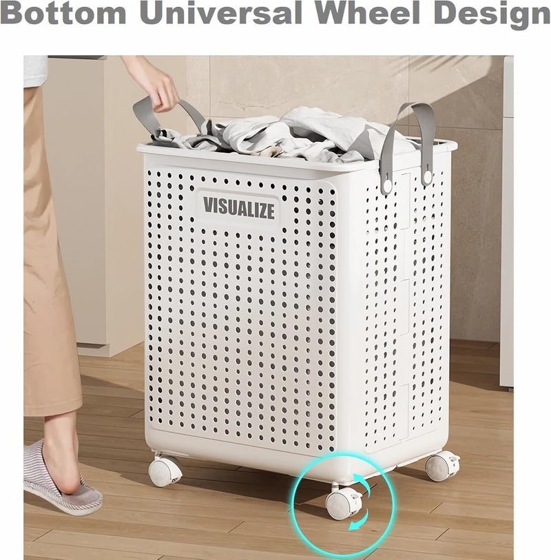 Siyecioa Wäschekorb Plastik Faltbare, Wäschesammler, 60L Laundry Baskets mit Rollen, Wäschebox für W