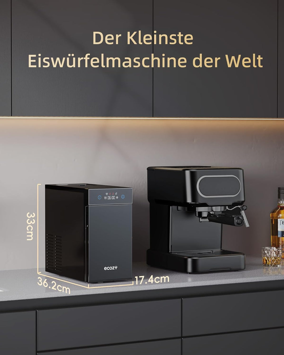 ecozy 60mm Klare Eiswürfelmaschine für Eiskugeln, 8h Timer, LED-Touchdisplay, Kugel-Eis in 40 Minute