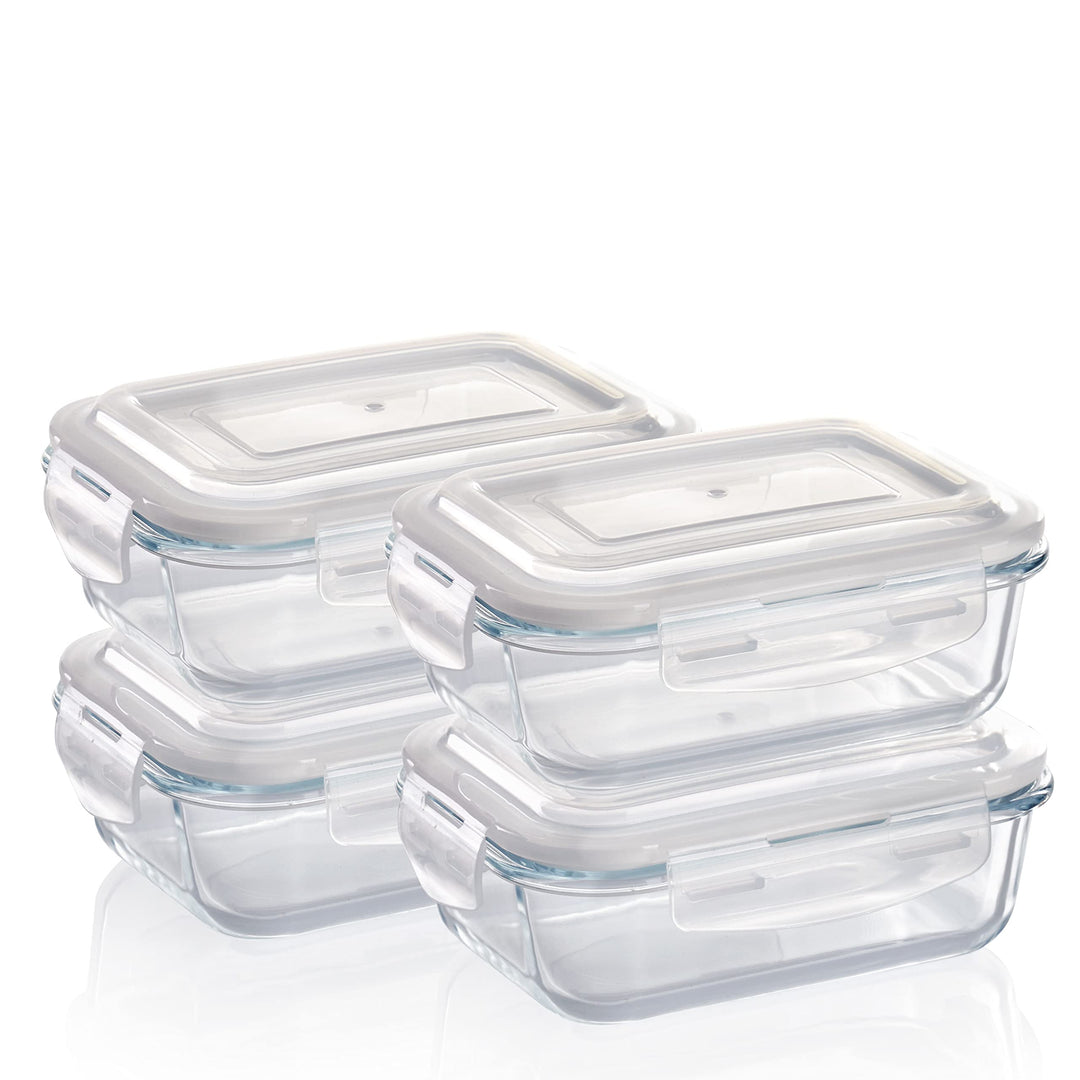 Grizzly Glas Frischhaltedosen, Set 4X 640 ml, luftdicht, rechteckig, Click-Verschluss, vielseitige V