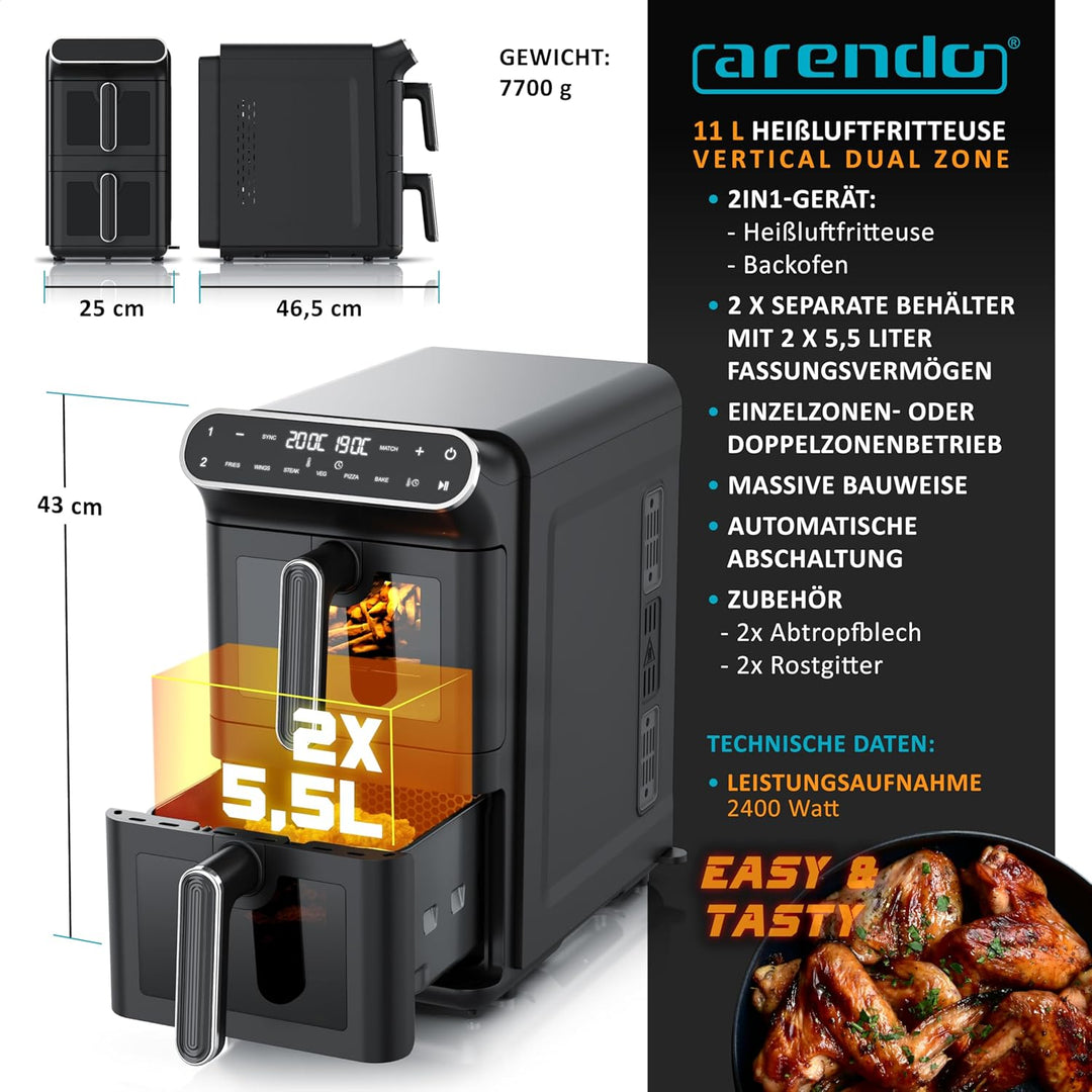 Arendo - Heissluftfritteuse XXL Dual Zone 2 Kammern – 11 L Kapazität – 2 Zonen – Airfryer Doppelkamm