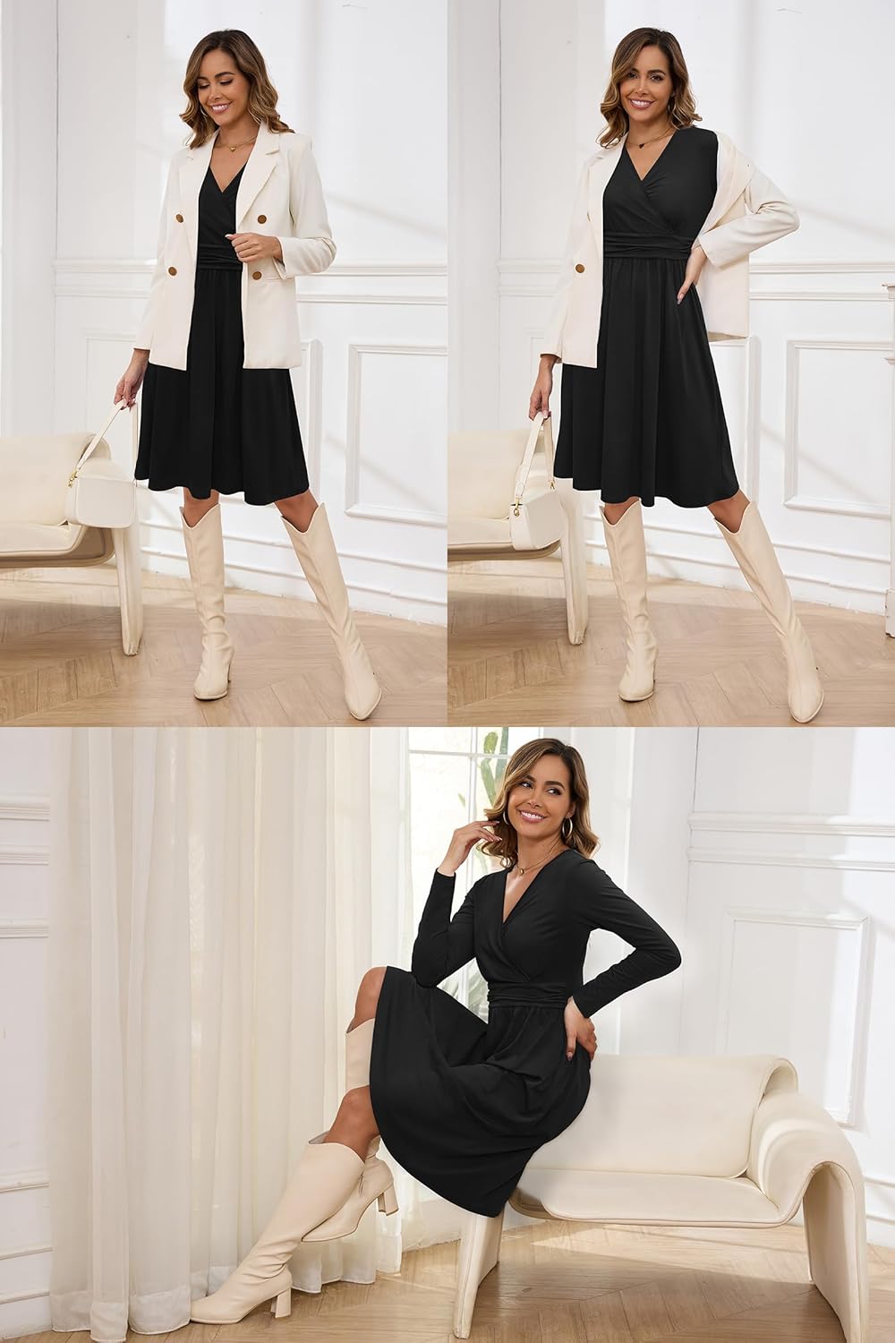 OUGES Kleid Damen Kurzarm/Langarm Winterkleid V-Ausschnitt Casual Midi Freizeitkleid mit Taschen S S